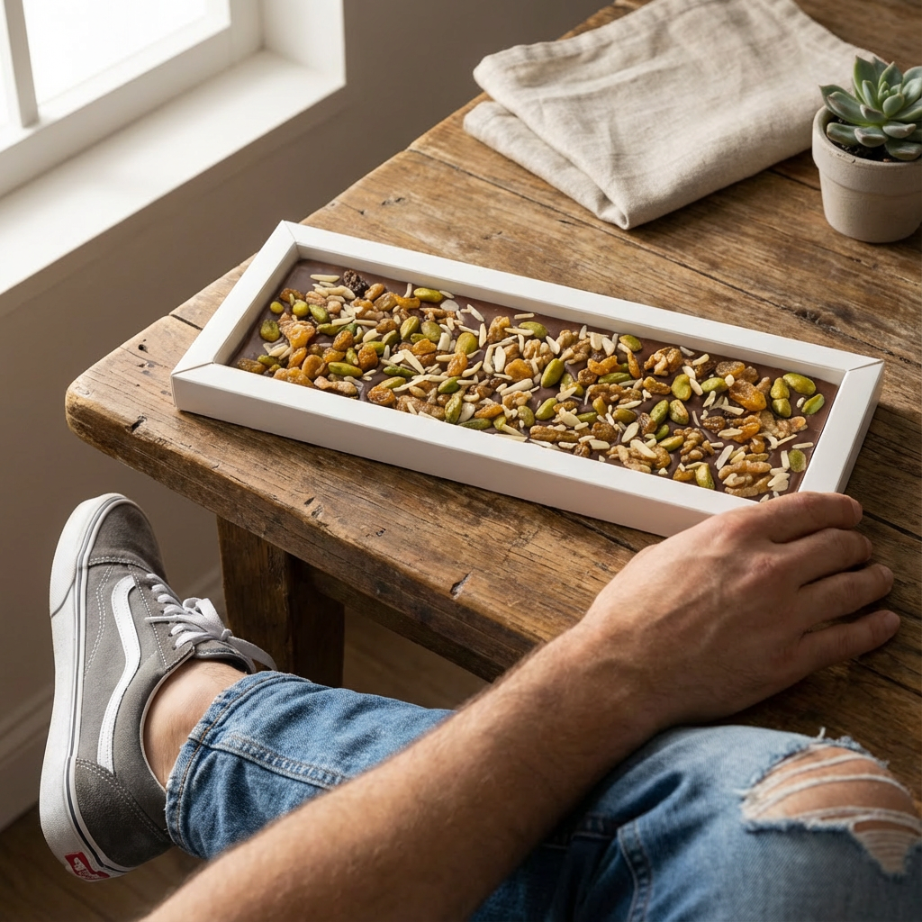 Fantasie-Milchschokoladentafel 375 g mit Walnuss-, Pistazien-, Mandel- und Rosinenstückchen