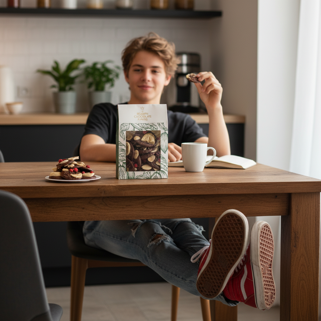 Vollmilchschokoladen-Mendiants mit Bananen-, Mandel- und Pekannussstückchen