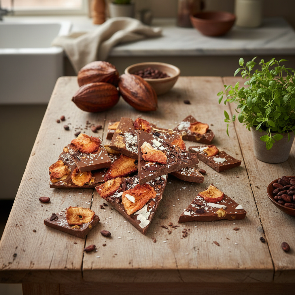 Vollmilchschokoladenbruch mit Kokosnuss, Erdbeere und Kakaonibs