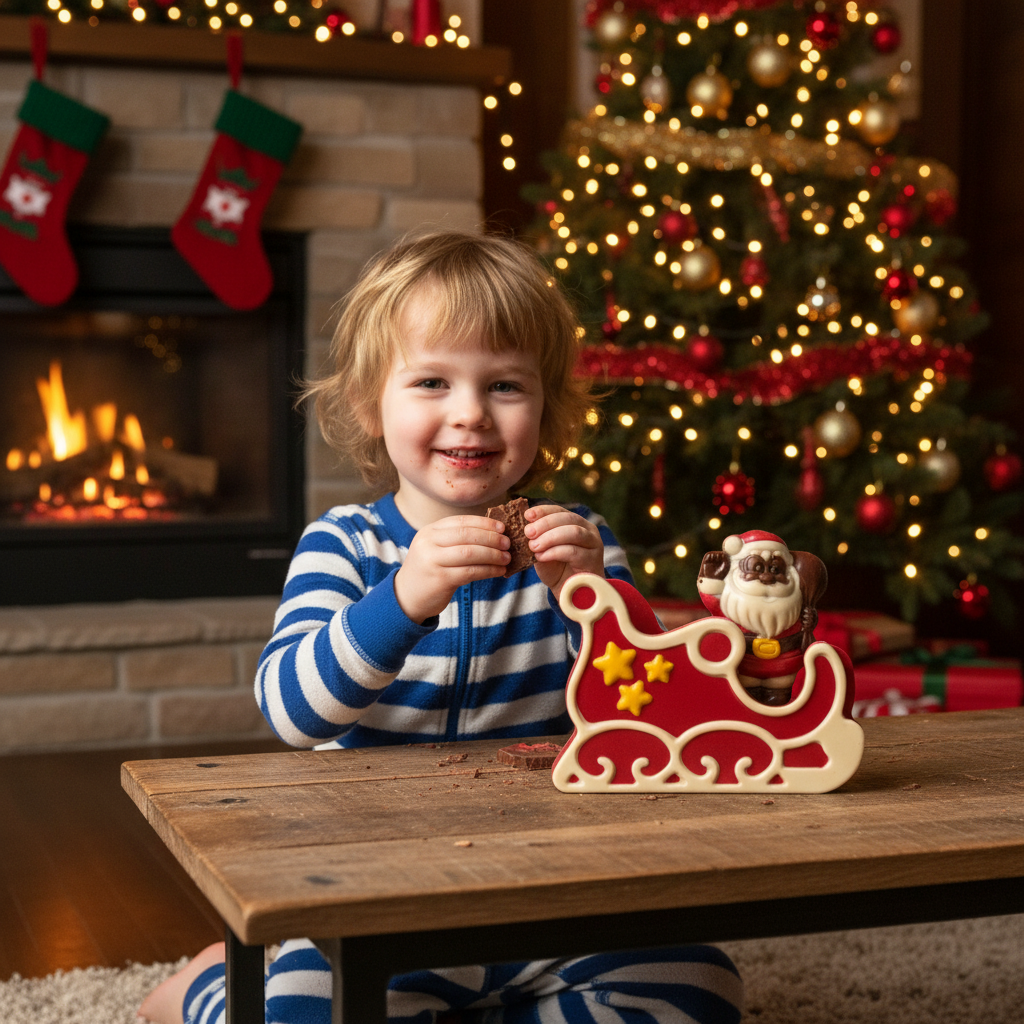 Festliche weiße Schokolade Weihnachtsmann im Schlitten 180g