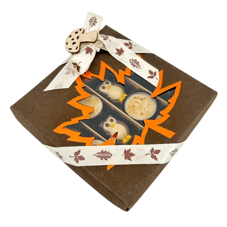 Herbstliche Pralinenmischung in einer dunkelbraunen Geschenkbox