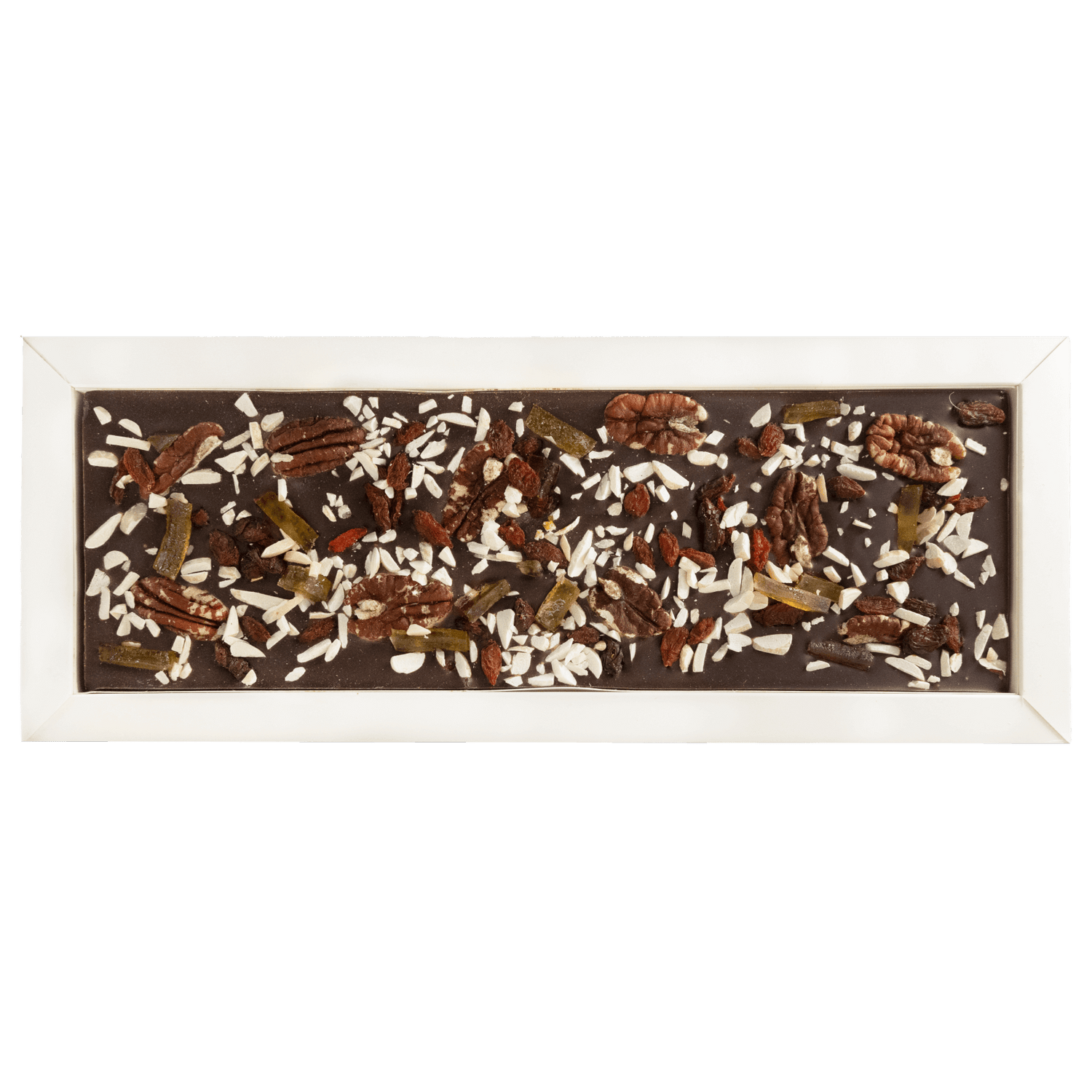 Fantasie-Schokoladentafel 550 g mit Pekannuss, Gojibeeren, Zitrone und Mandelsplittern