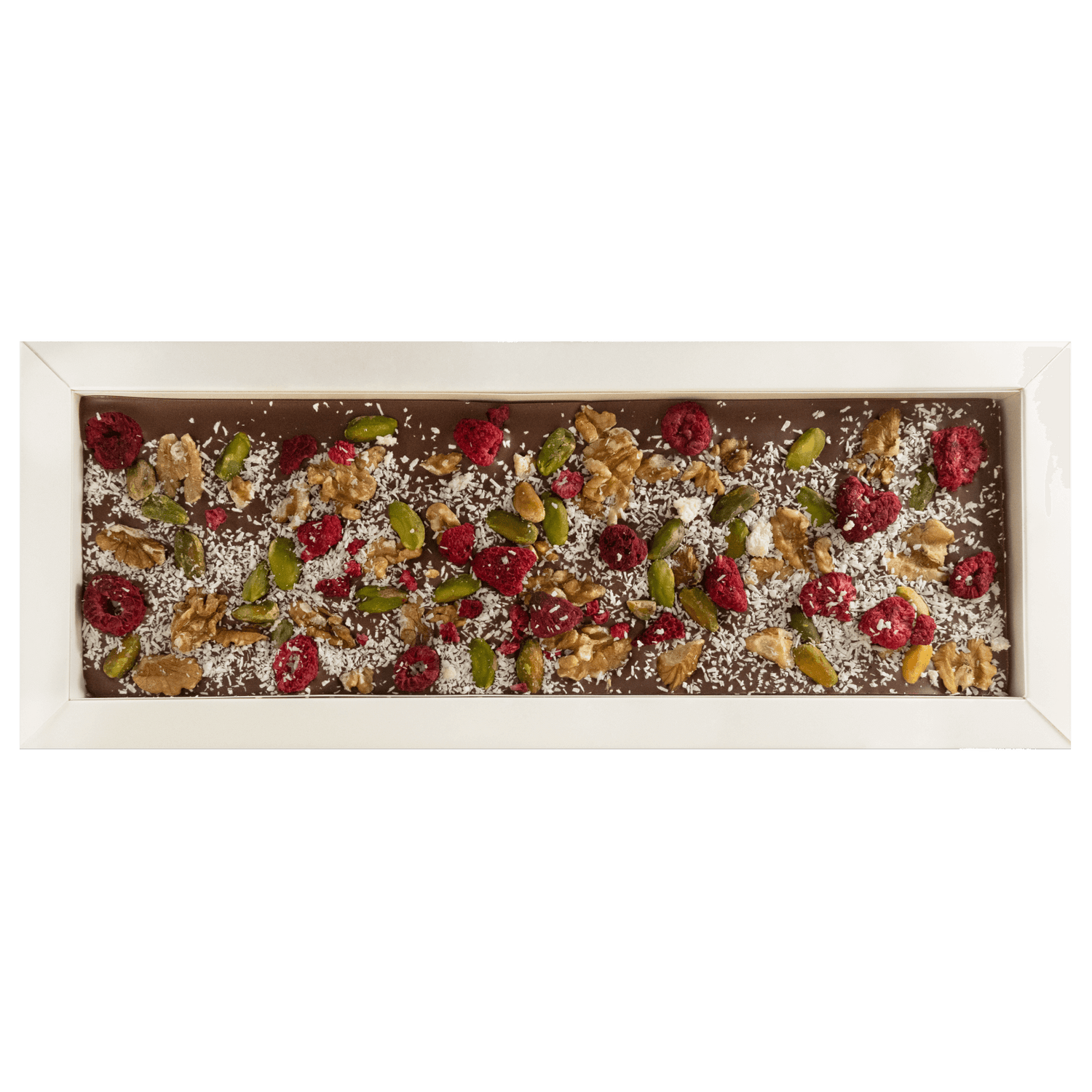 Fantasie-Milchschokoladentafel 375 g mit Walnuss-, Pistazien-, Himbeer- und Kokosnussstückchen