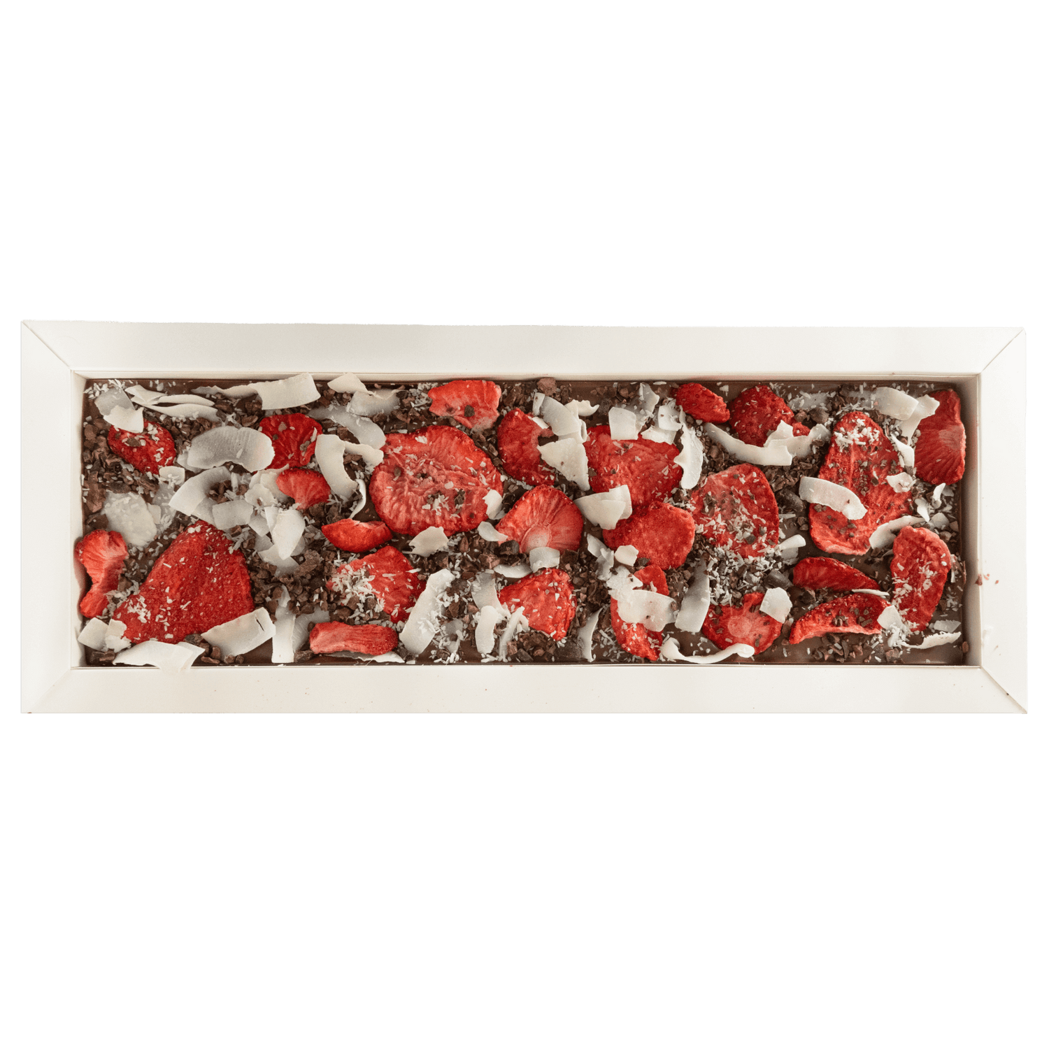Fantasie-Milchschokoladentafel 550 g mit Kakaonibs, Erdbeeren und Kokosnussstückchen