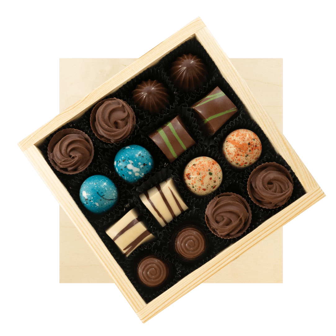 Geschenkbox aus Holz mit 16 Pralinen