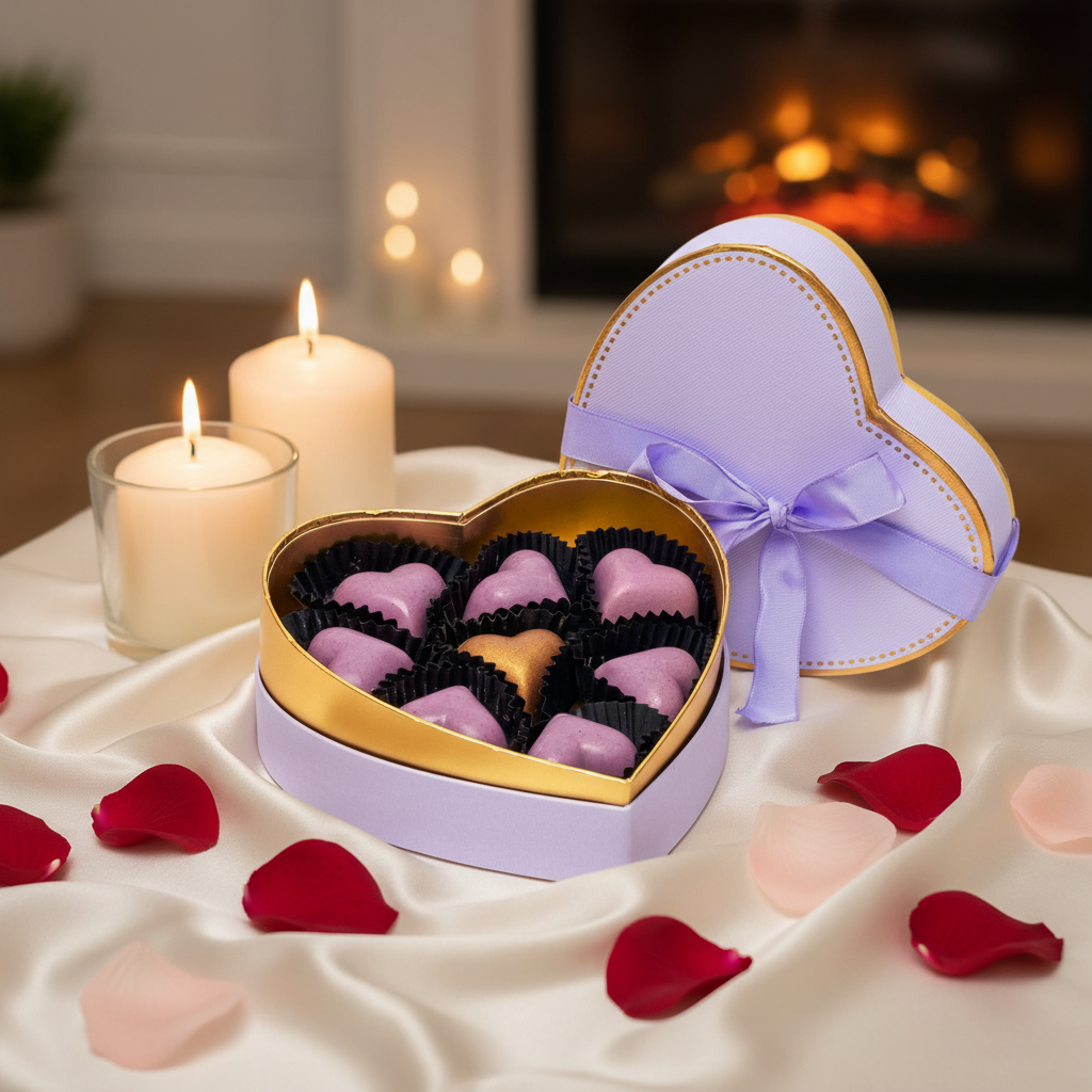 Lila Herz Schachtel mit 9 belgischen Pralinen 135g
