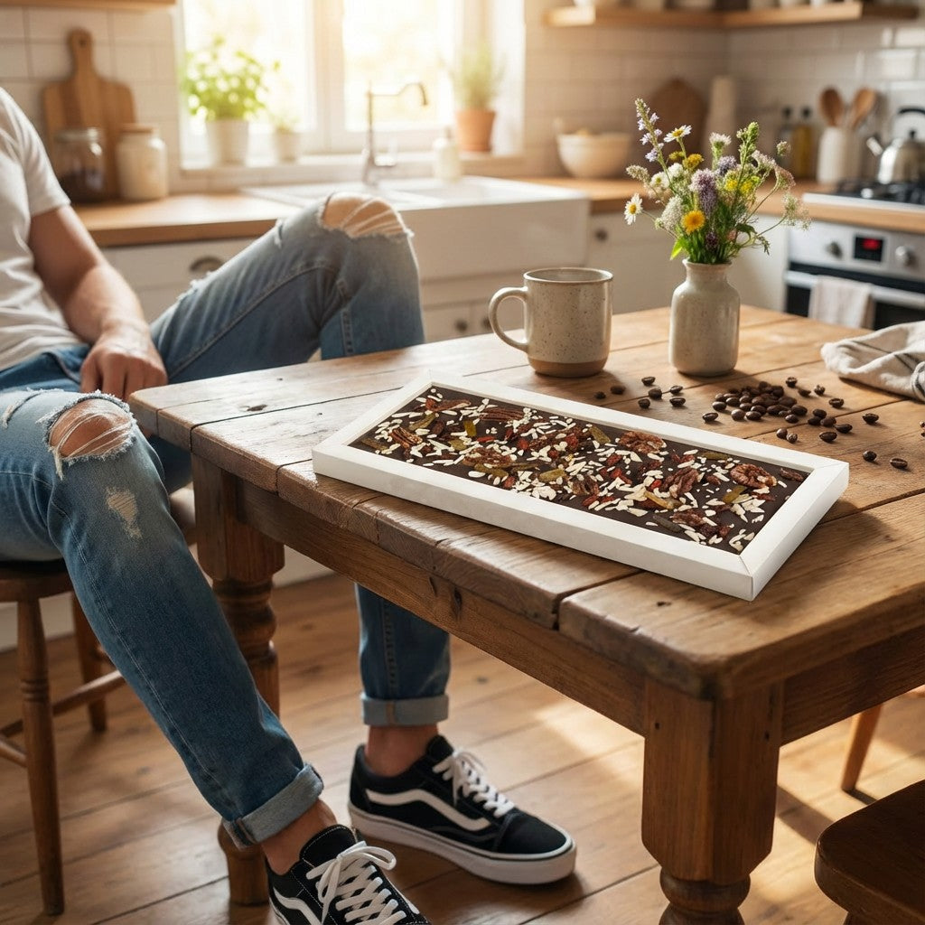 Fantasie-Schokoladentafel 550 g mit Pekannuss, Gojibeeren, Zitrone und Mandelsplittern