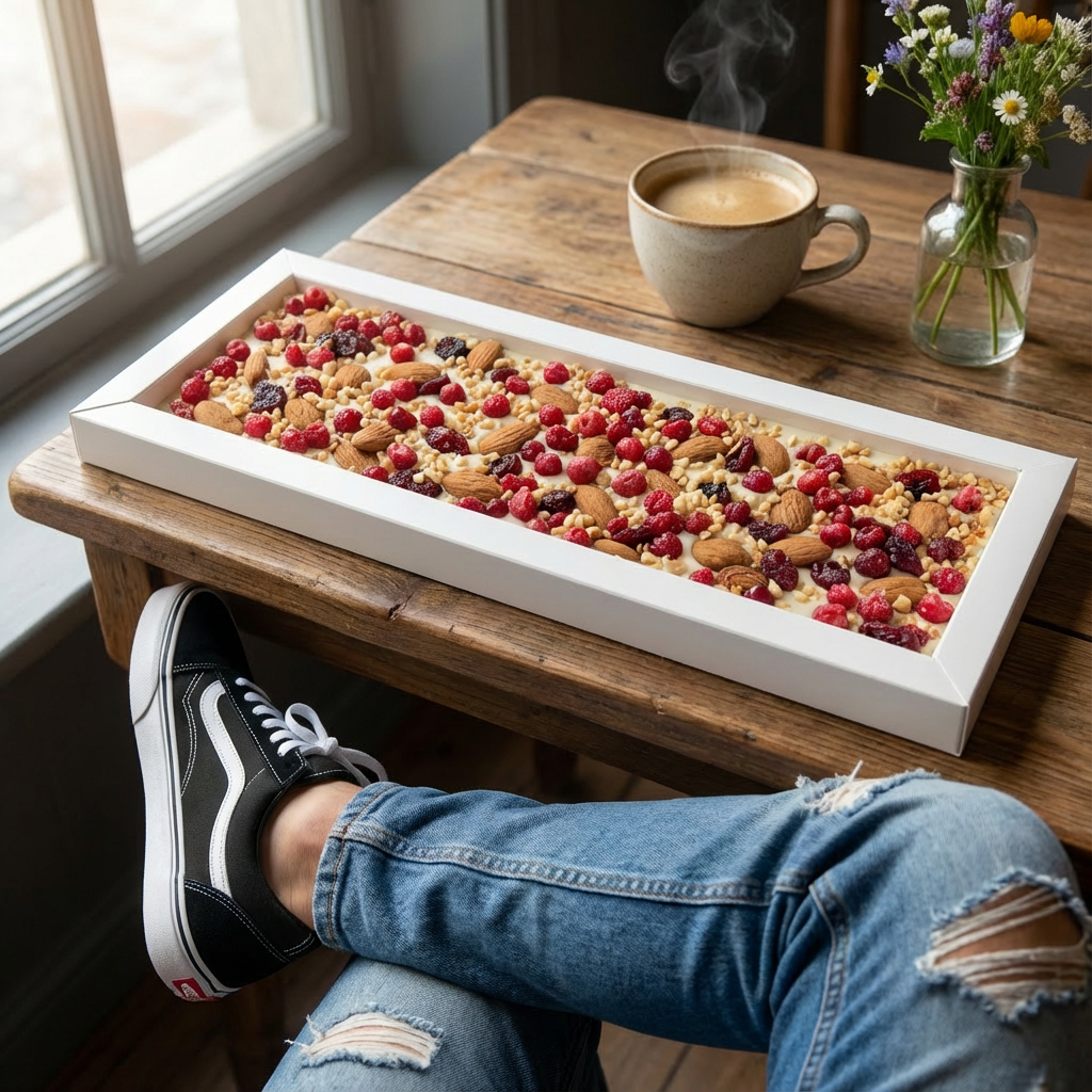 Weiße Fantasie-Schokoladentafel 550 g mit Mandel-, Preiselbeer-, Johannisbeer- und Haselnussstückchen