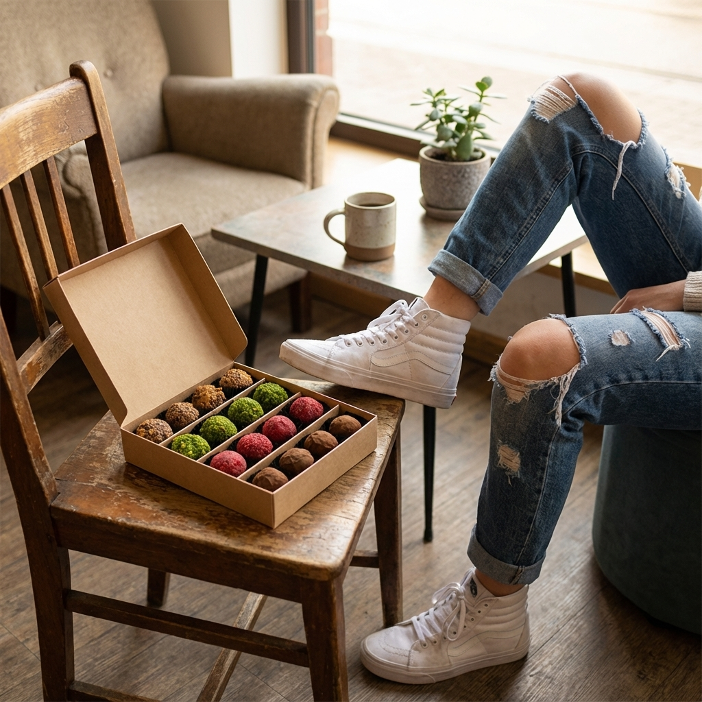 Herbstliche belgische Trüffelmischung in einer roten Geschenkbox