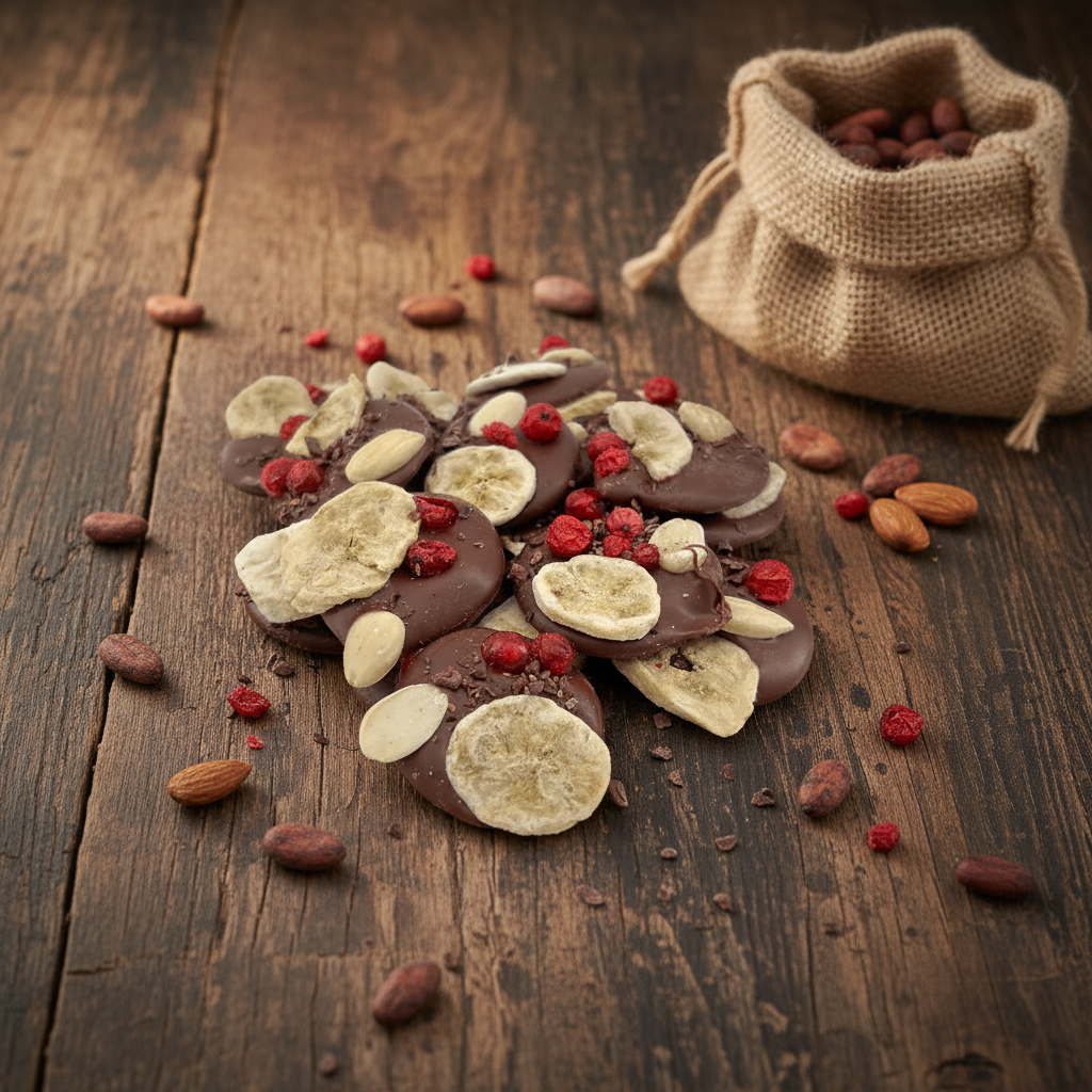 Vollmilchschokoladen-Mendiants mit Bananen-, Mandel- und Pekannussstückchen