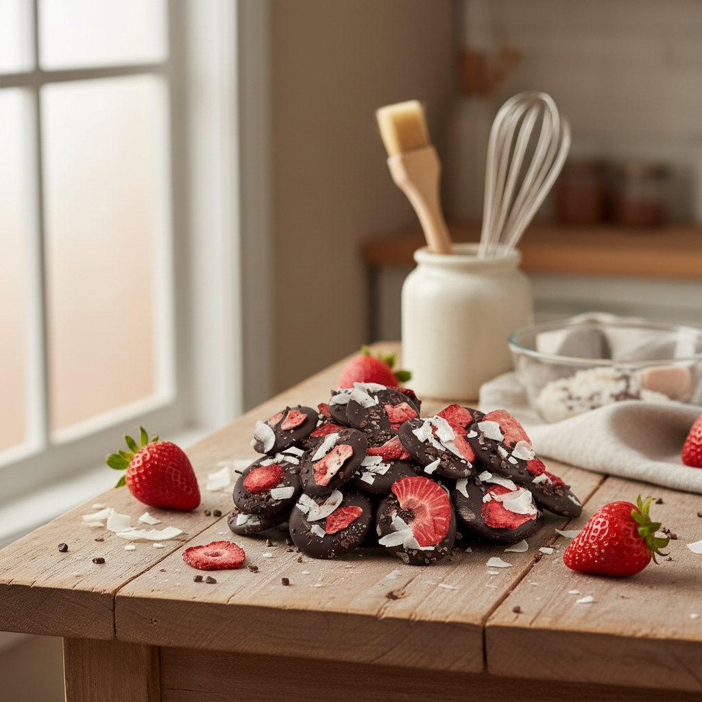 Zartbitterschokoladen-Mendiants mit Kakaonibs, Erdbeeren und Kokosnussstückchen