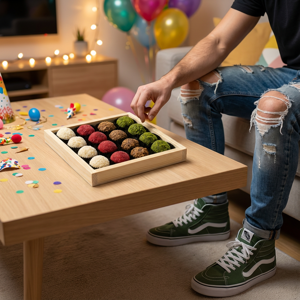 Geschenkbox aus Holz mit 16 Trüffeln