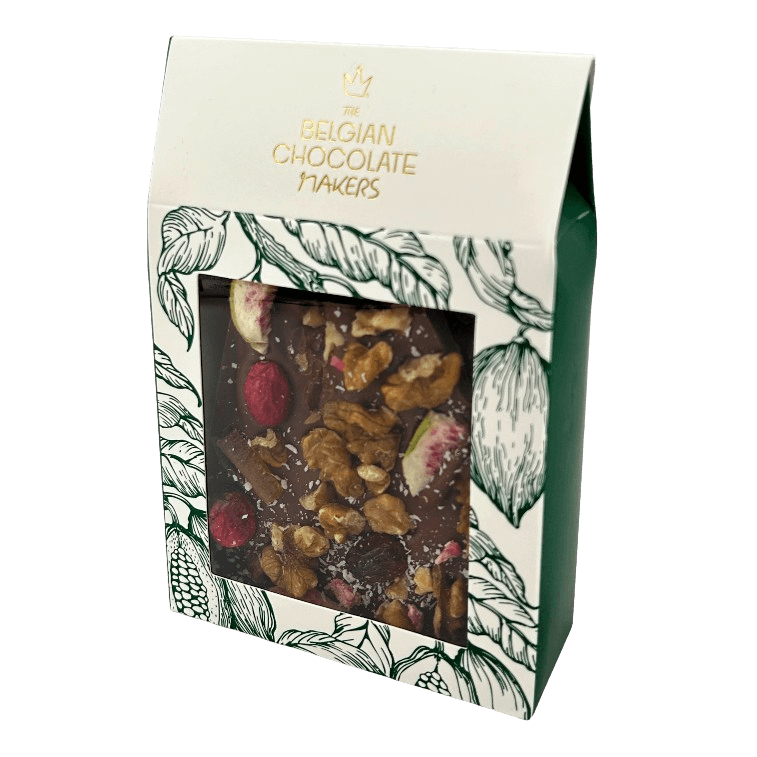 Riegel aus Vollmilchschokolade mit Feige, Zitrone, Cranberry, Walnuss und Kokosnuss