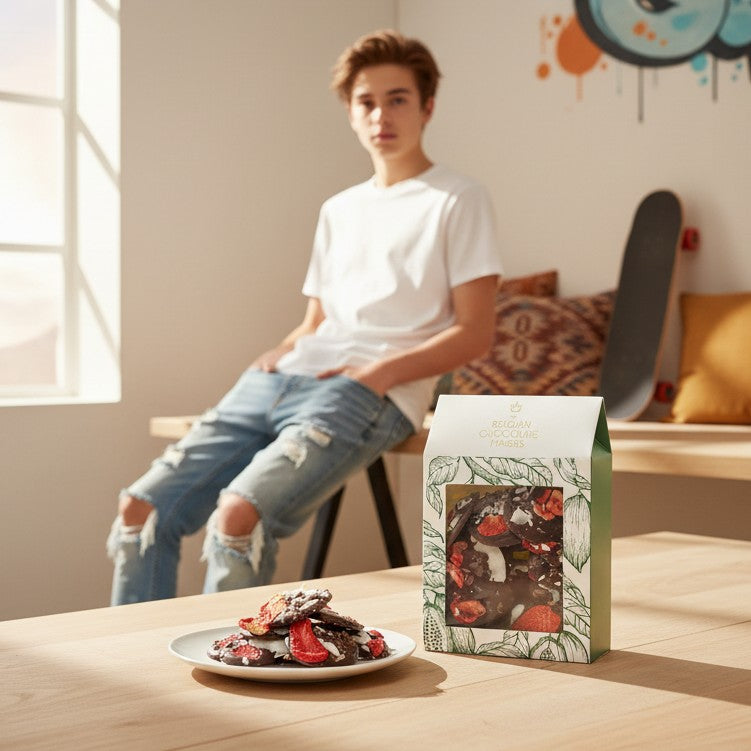 Zartbitterschokoladen-Mendiants mit Kakaonibs, Erdbeeren und Kokosnussstückchen