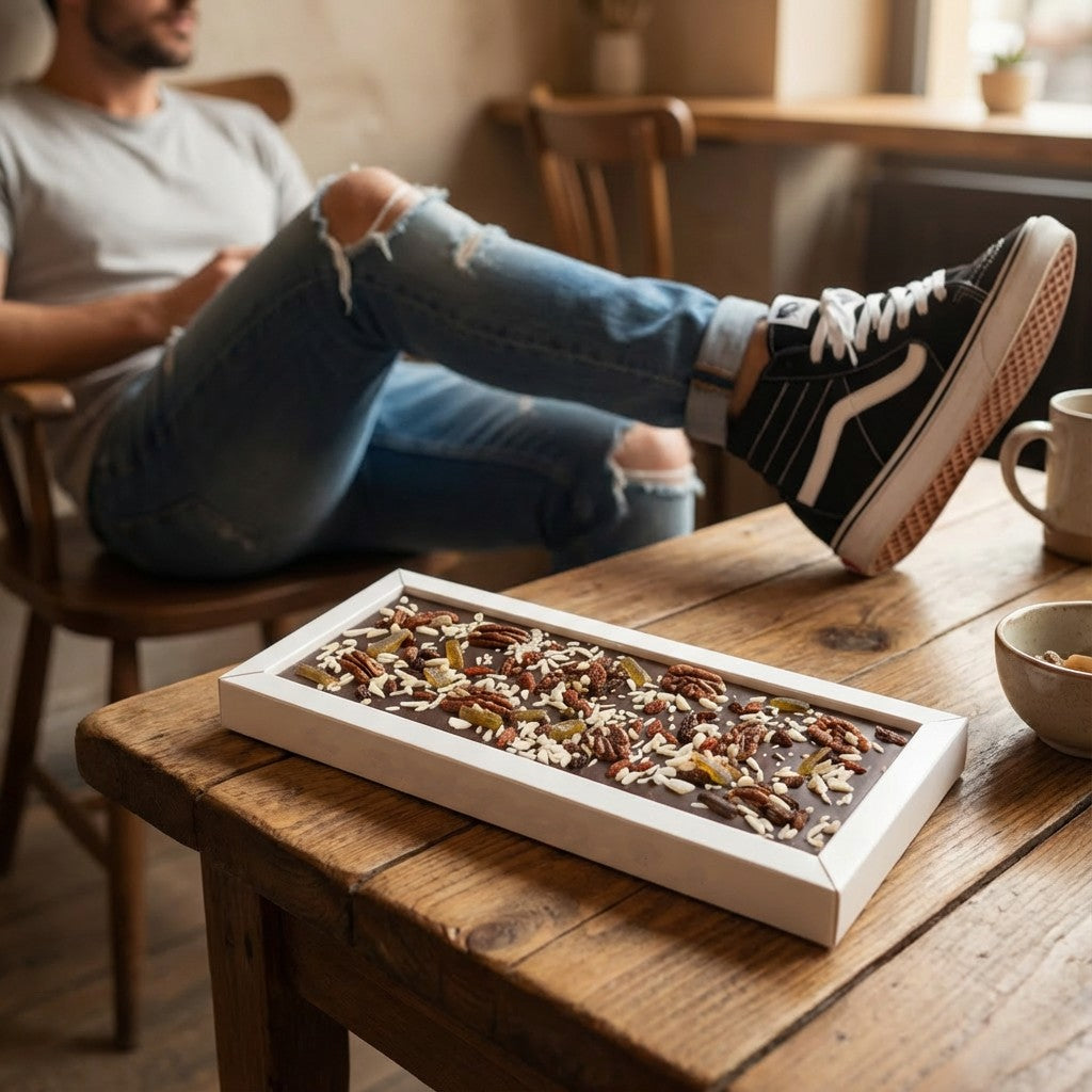 Fantasie-Schokoladentafel 550 g mit Pekannuss, Gojibeeren, Zitrone und Mandelsplittern