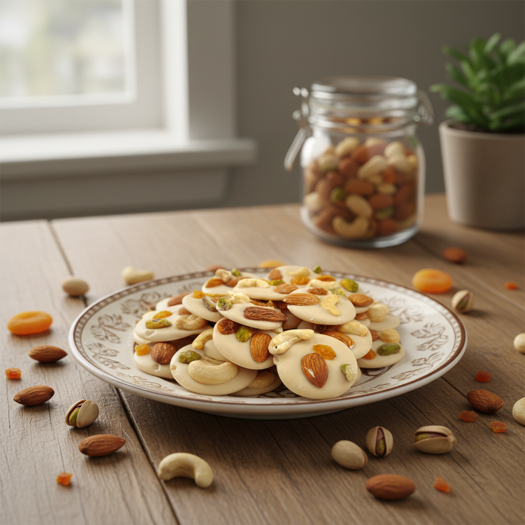 Weiße Schokoladenmendiants mit Pistazien-, Mandel-, Rosinen- und Cashew-Stückchen