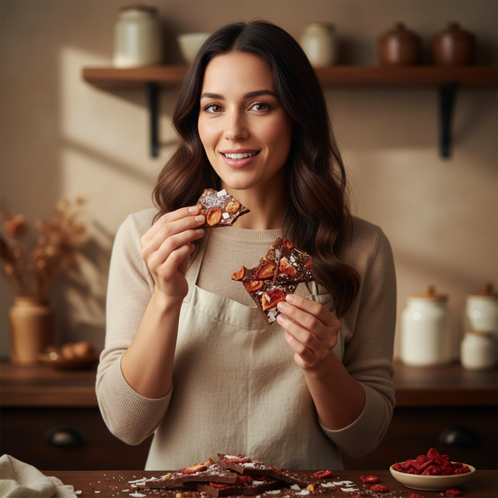Vollmilchschokoladenbruch mit Kokosnuss, Erdbeere und Kakaonibs