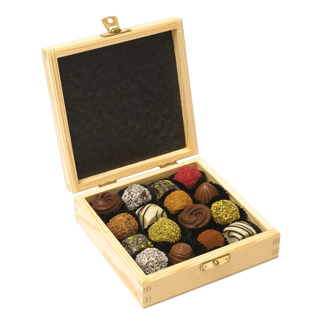 Geschenkbox aus Holz mit 16 Pralinen und Trüffeln