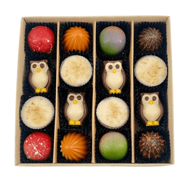 Herbstliche Pralinenmischung in einer dunkelbraunen Geschenkbox