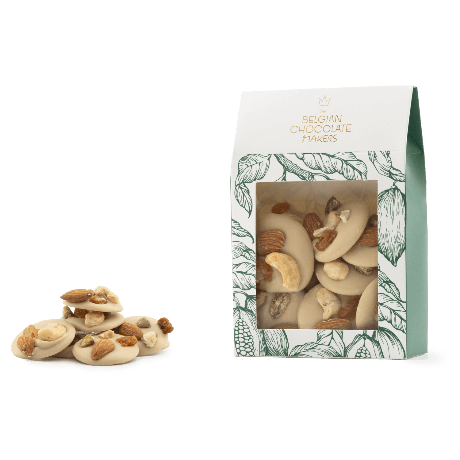 Weiße Schokoladenmendiants mit Pistazien-, Mandel-, Rosinen- und Cashew-Stückchen