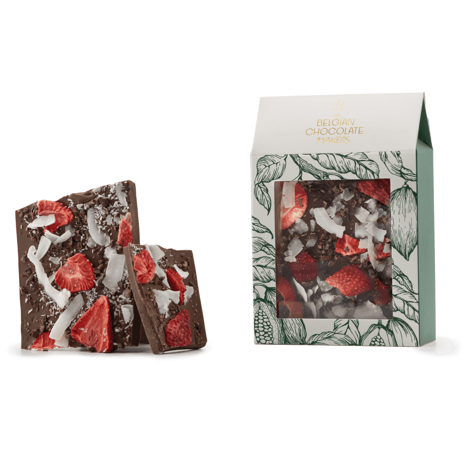 Vollmilchschokoladenbruch mit Kokosnuss, Erdbeere und Kakaonibs