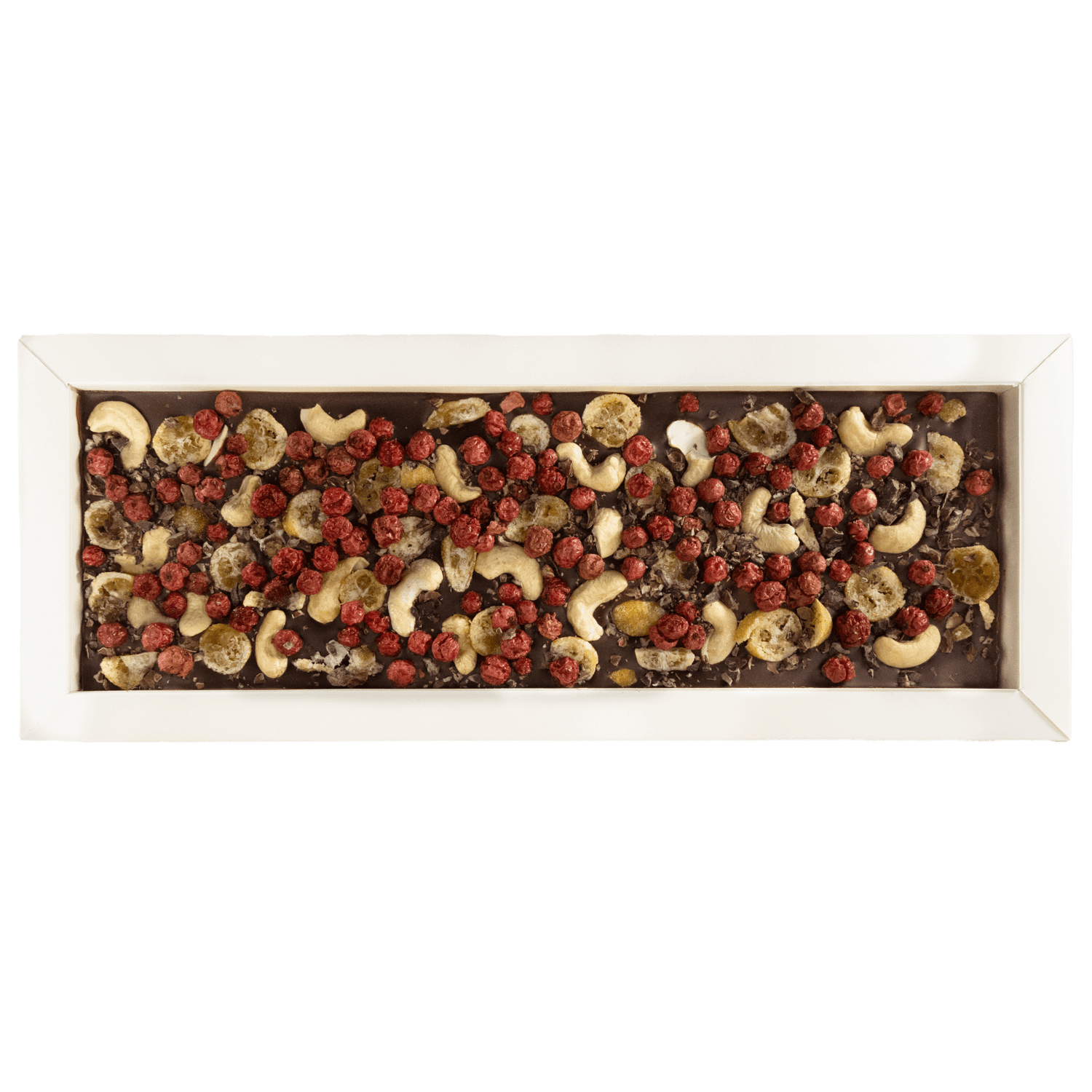 Fantasie-Schokoladentafel 550 g mit Kakaonibs, Cashewnüssen, Kumquats und Johannisbeerstückchen