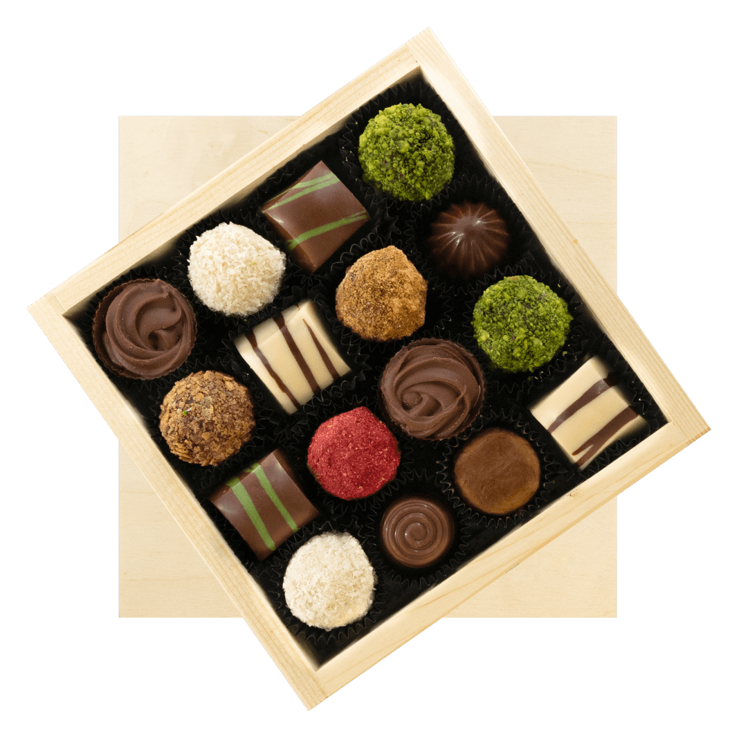 Geschenkbox aus Holz mit 16 Pralinen und Trüffeln