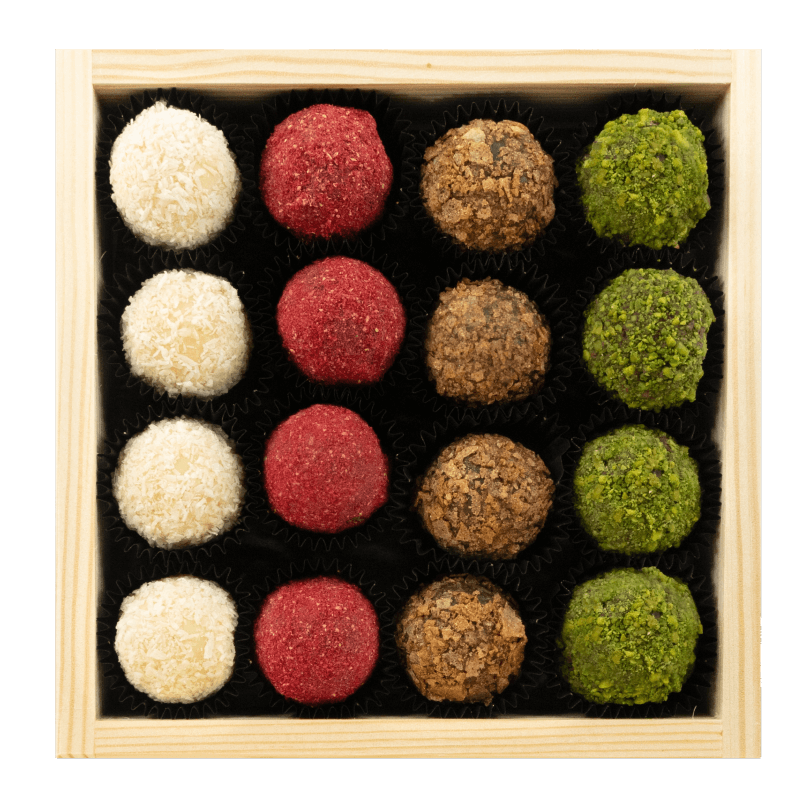 Geschenkbox aus Holz mit 16 Trüffeln