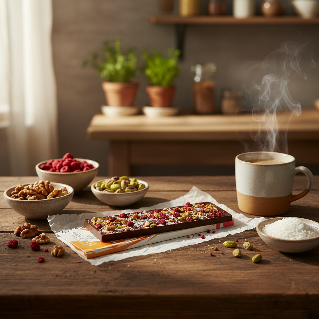 Fantasie-Milchschokoladentafel 375 g mit Walnuss-, Pistazien-, Himbeer- und Kokosnussstückchen