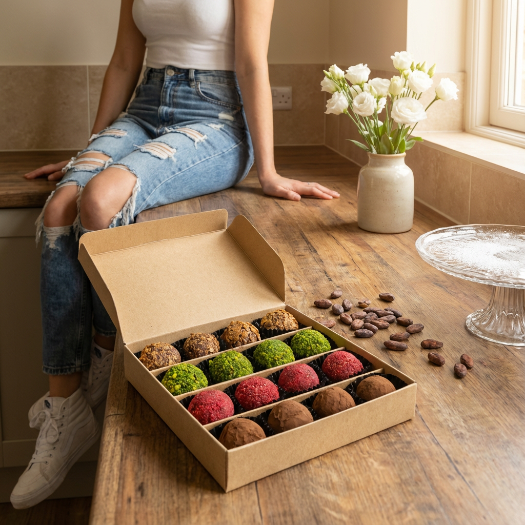 Herbstliche belgische Trüffelmischung in einer handwerklichen Geschenkbox