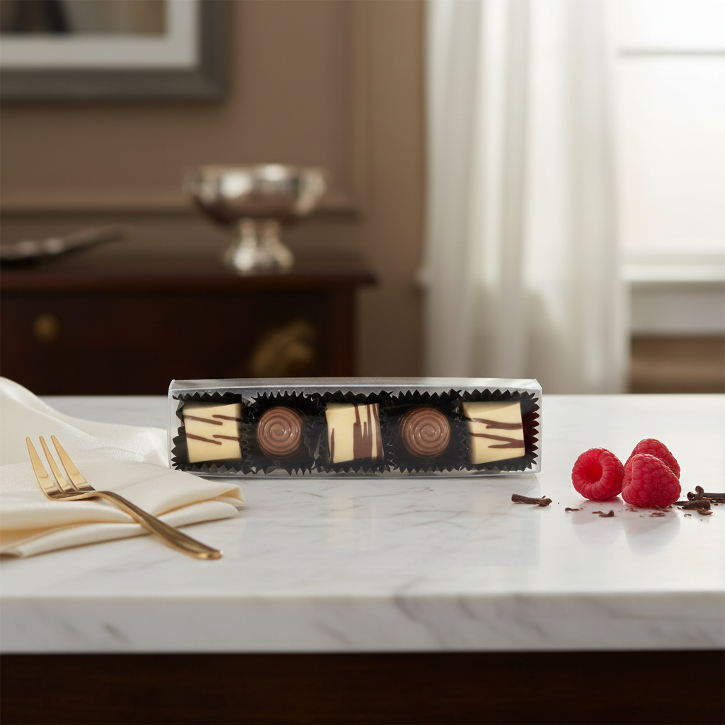 Stange mit weißen Pralinen (Ganache, Karamell) & Milchpralinen (Praliné)