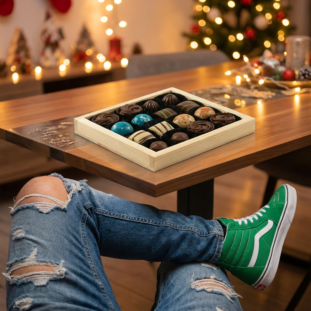 Geschenkbox aus Holz mit 16 Pralinen