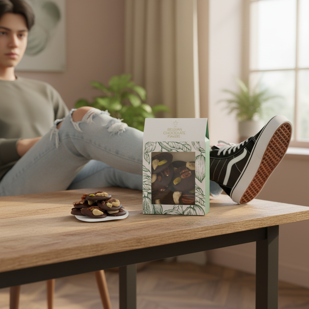 Zartbitterschokoladen-Mendiants mit Cashew-, Pistazien-, Rosinen- und Pekannussstückchen