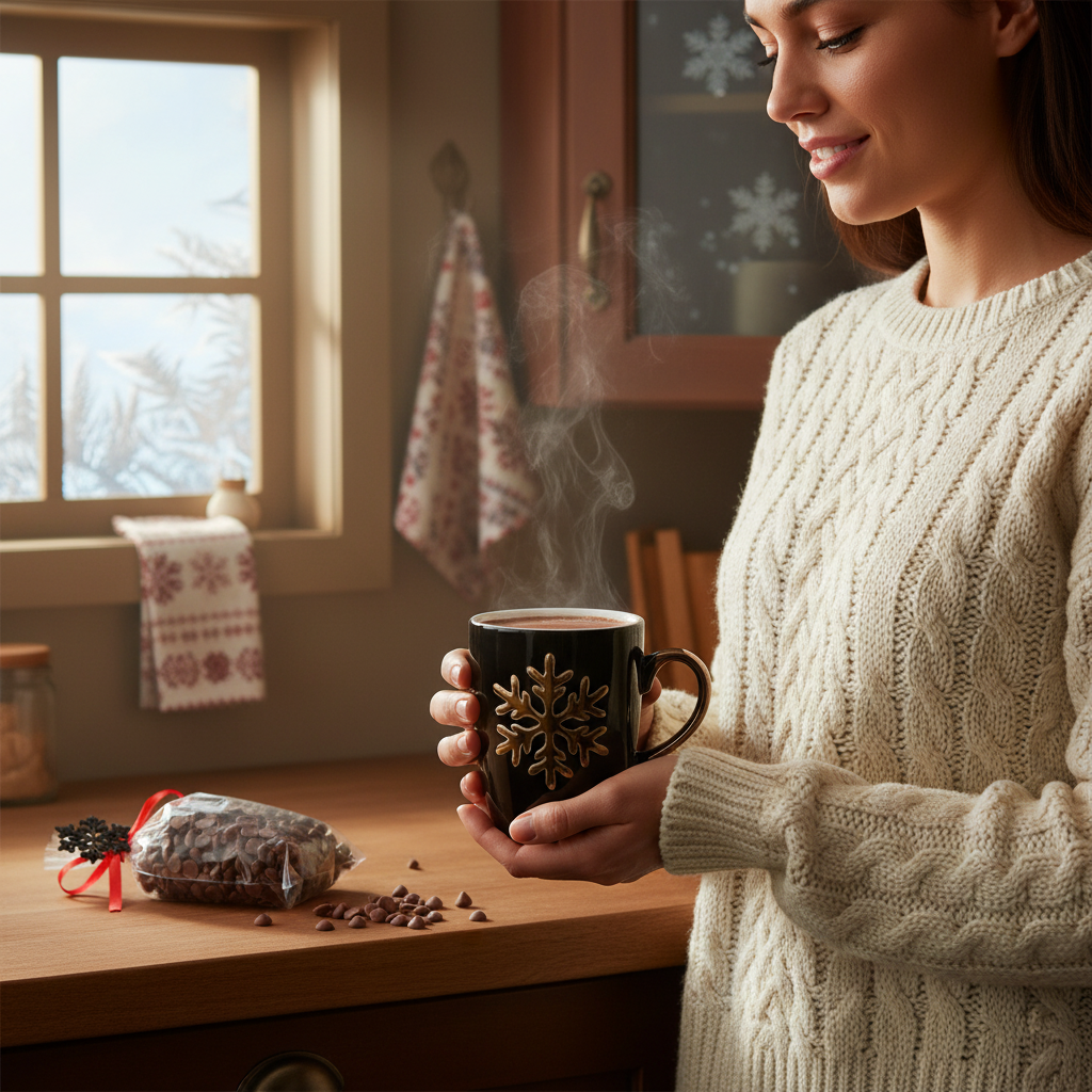 Heiße dunkle Schokolade in Tasse Schneeflocken (dunkel) 200 Grs