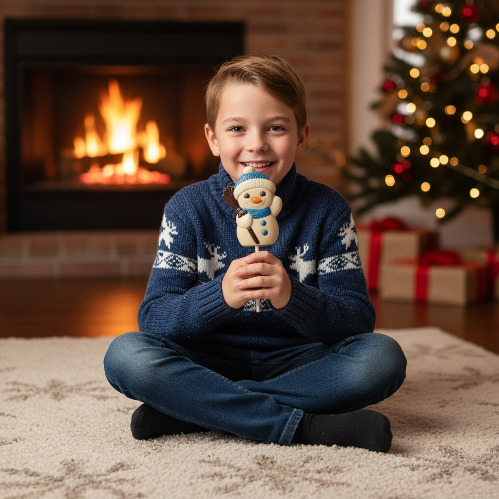 Lutscher-Schneemann aus weißer Schokolade