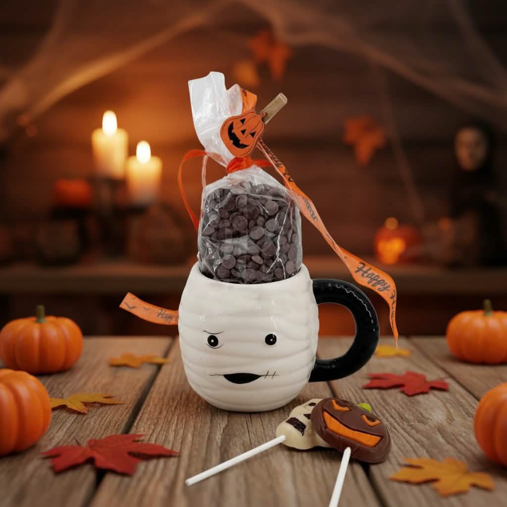 Zartbitterschokolade Tropfen in Tasse Mumie mit Lutschern