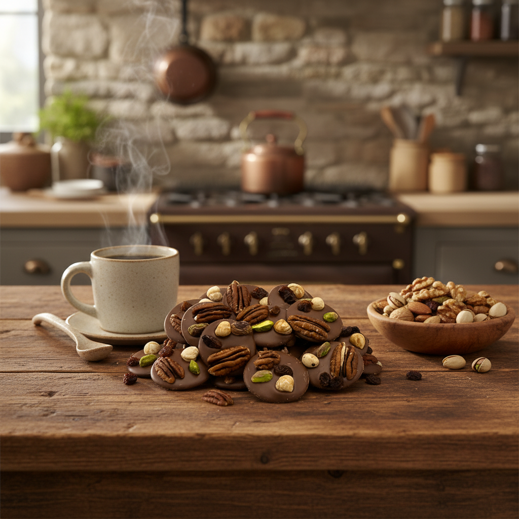 Vollmilchschokolade mit Pekannuss-, Pistazien-, Rosinen- und Haselnussstückchen