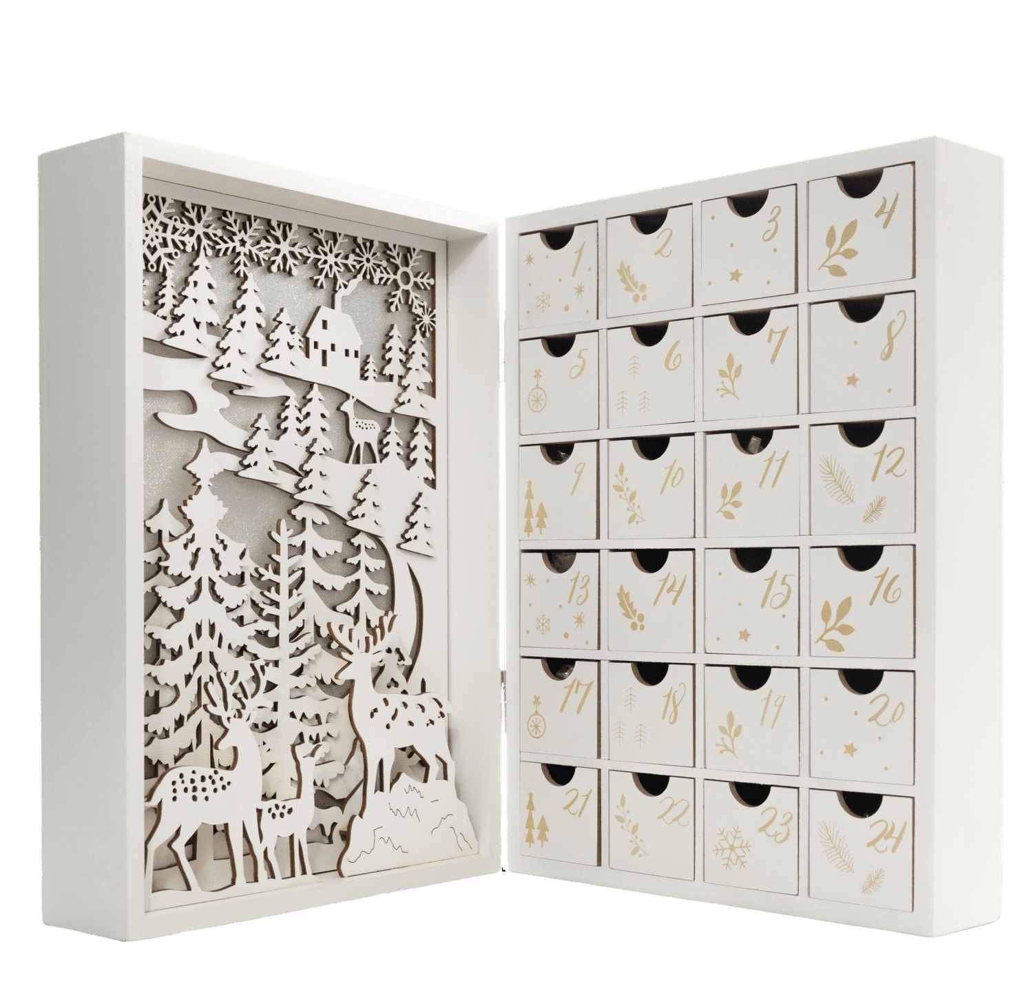 Hölzerner beleuchteter Adventskalender Buch 24 Figuren