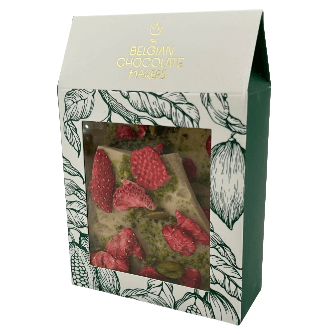 Riegel aus weißer Schokolade mit Erdbeeren und Pistazien