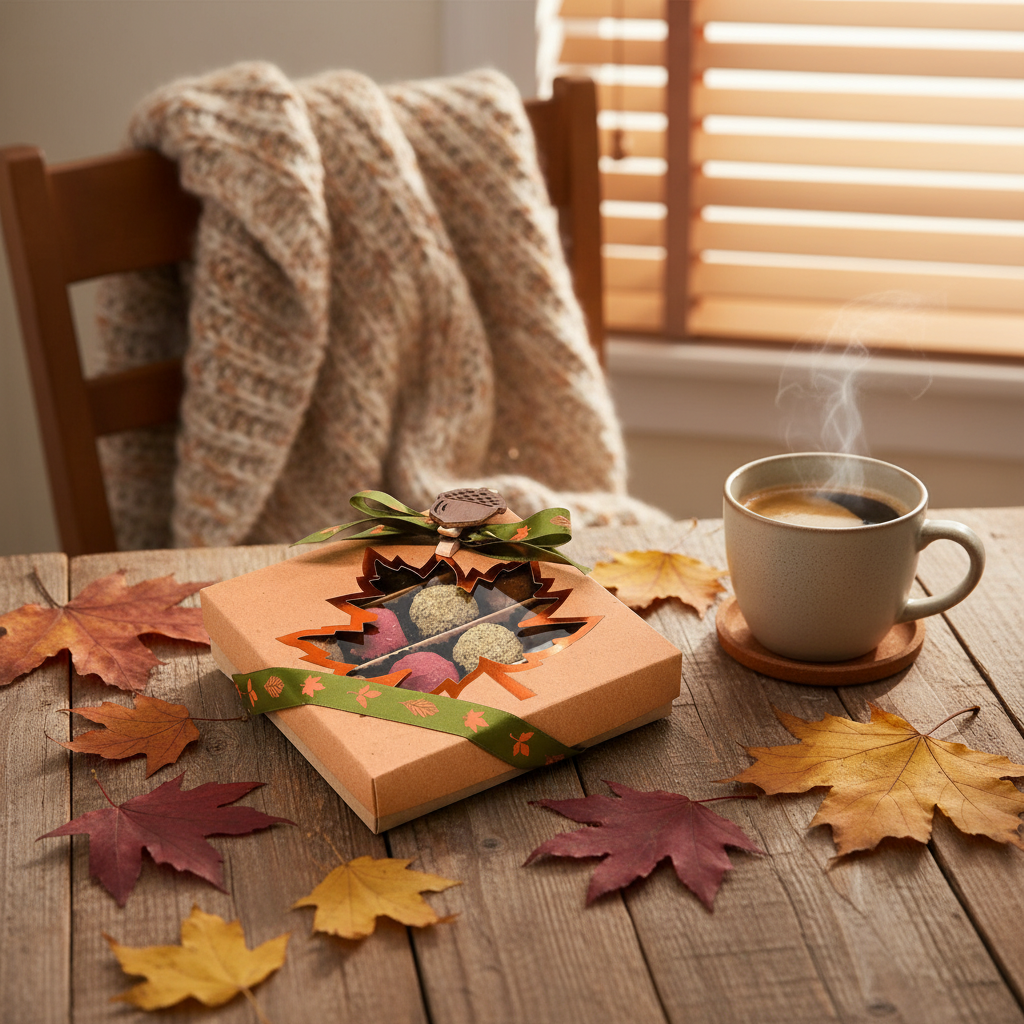 Herbstliche belgische Trüffelmischung in einer handwerklichen Geschenkbox