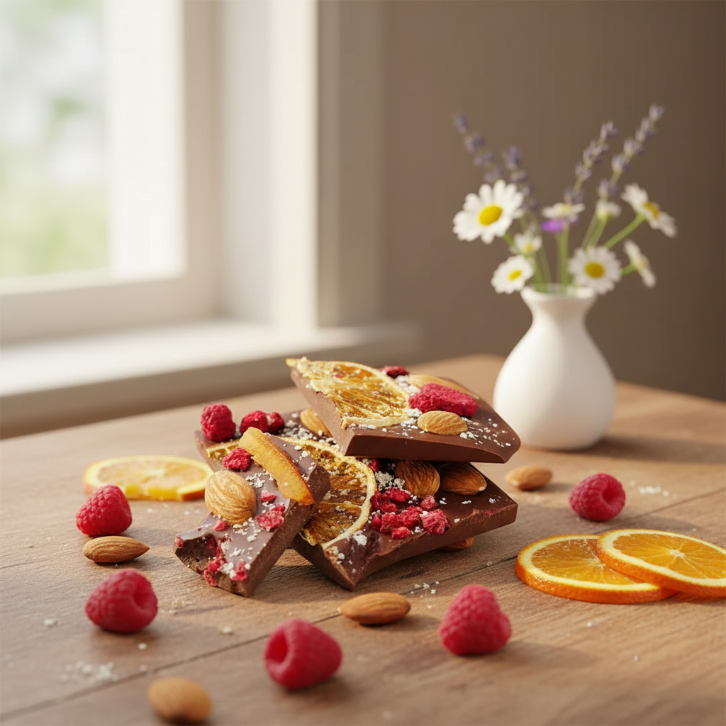 Riegel aus Zartbitterschokolade mit Himbeere, Mandel und Orange