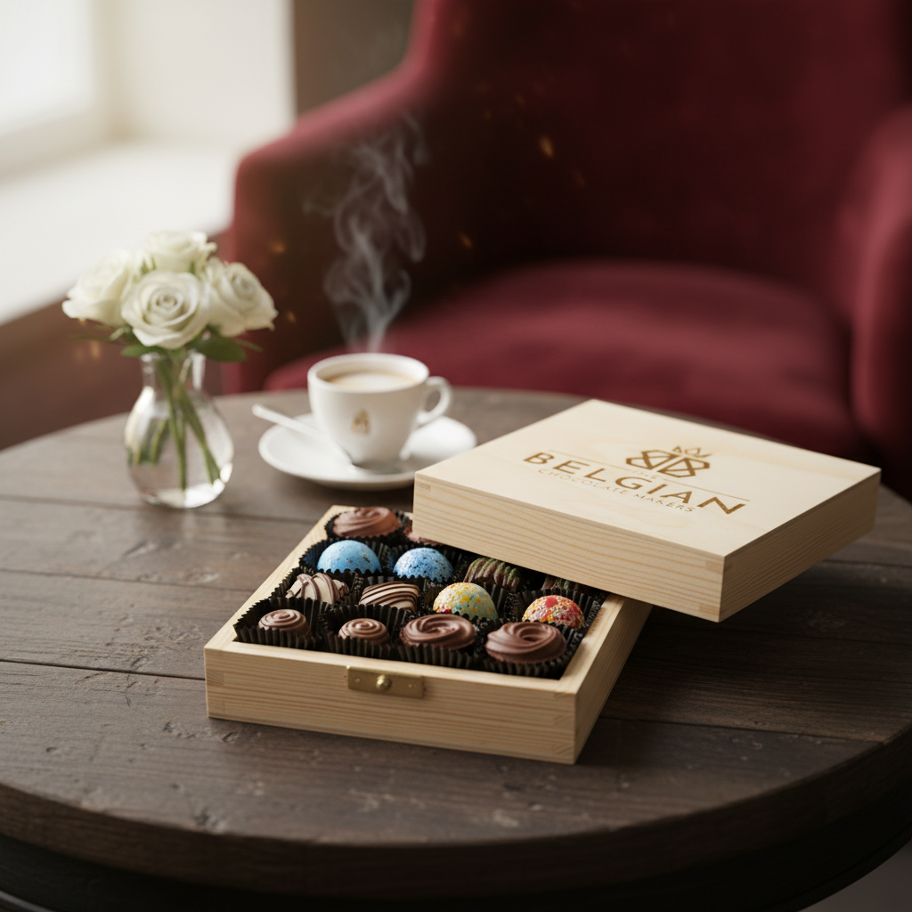 Geschenkbox aus Holz mit 16 Pralinen