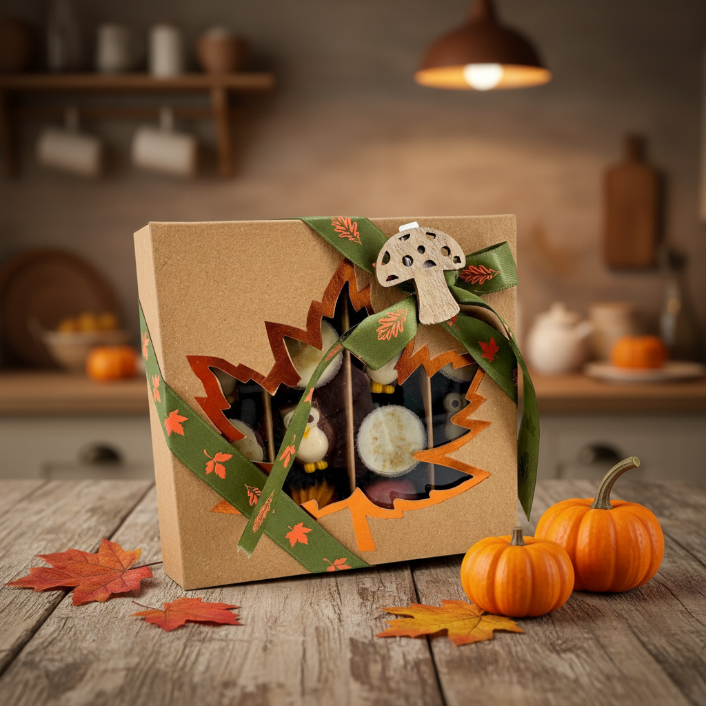 Herbstliche Pralinenmischung in einer braunen Geschenkbox