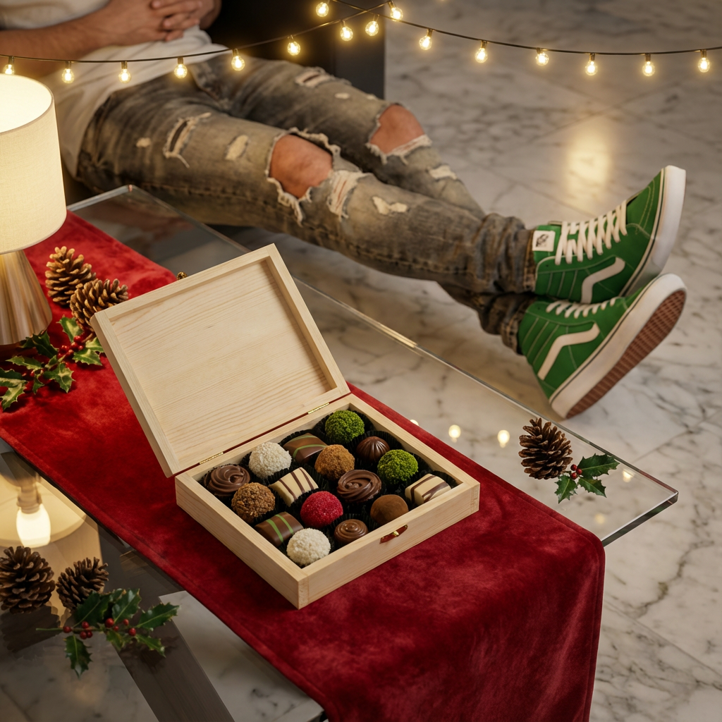 Geschenkbox aus Holz mit 16 Pralinen und Trüffeln