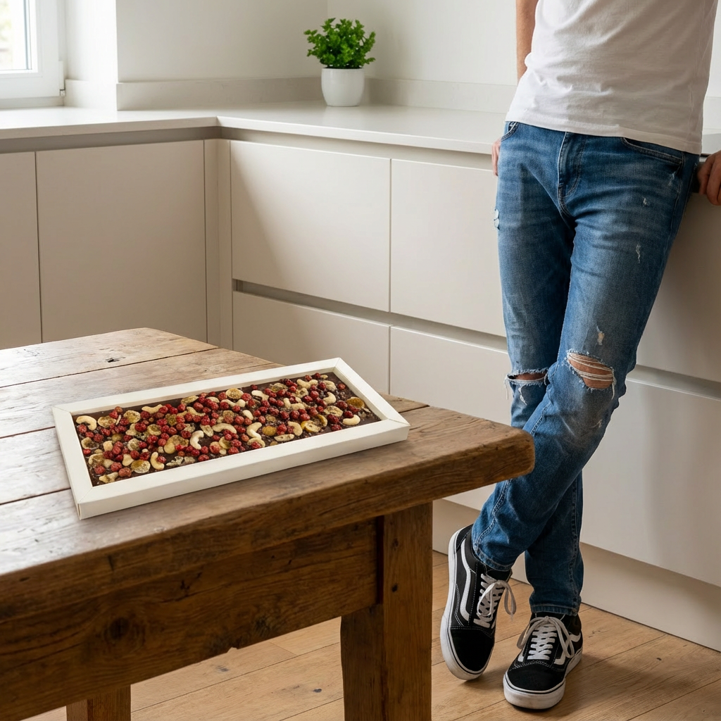 Fantasie-Schokoladentafel 550 g mit Kakaonibs, Cashewnüssen, Kumquats und Johannisbeerstückchen
