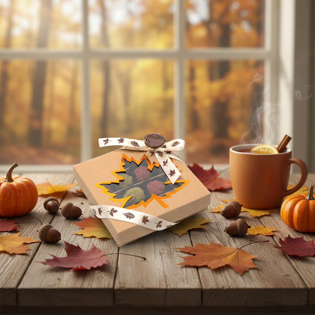 Herbstliche belgische Trüffelmischung in einer braunen Geschenkbox