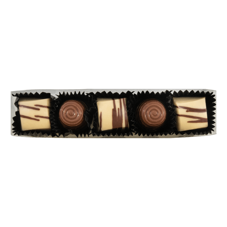 Stange mit weißen Pralinen (Ganache, Karamell) & Milchpralinen (Praliné)